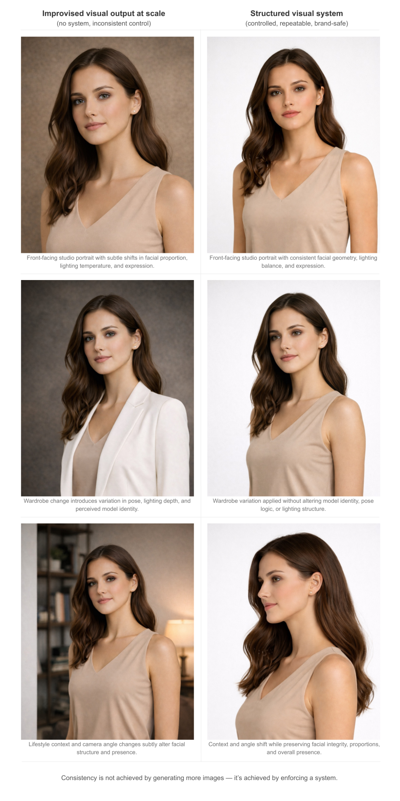 Visual comparison showing improvised AI fashion imagery versus a structured visual system with consistent model identity, lighting, and proportions.