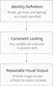 Workflow diagram showing how identity definition and constraint locking produce repeatable visual output in a structured AI fashion imagery system.